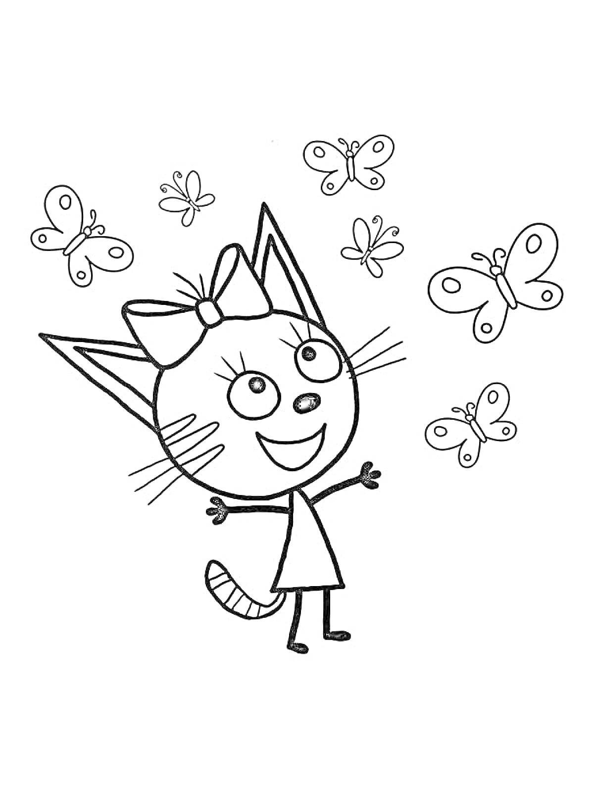 Раскраска Котёнок с бантиком и бабочками