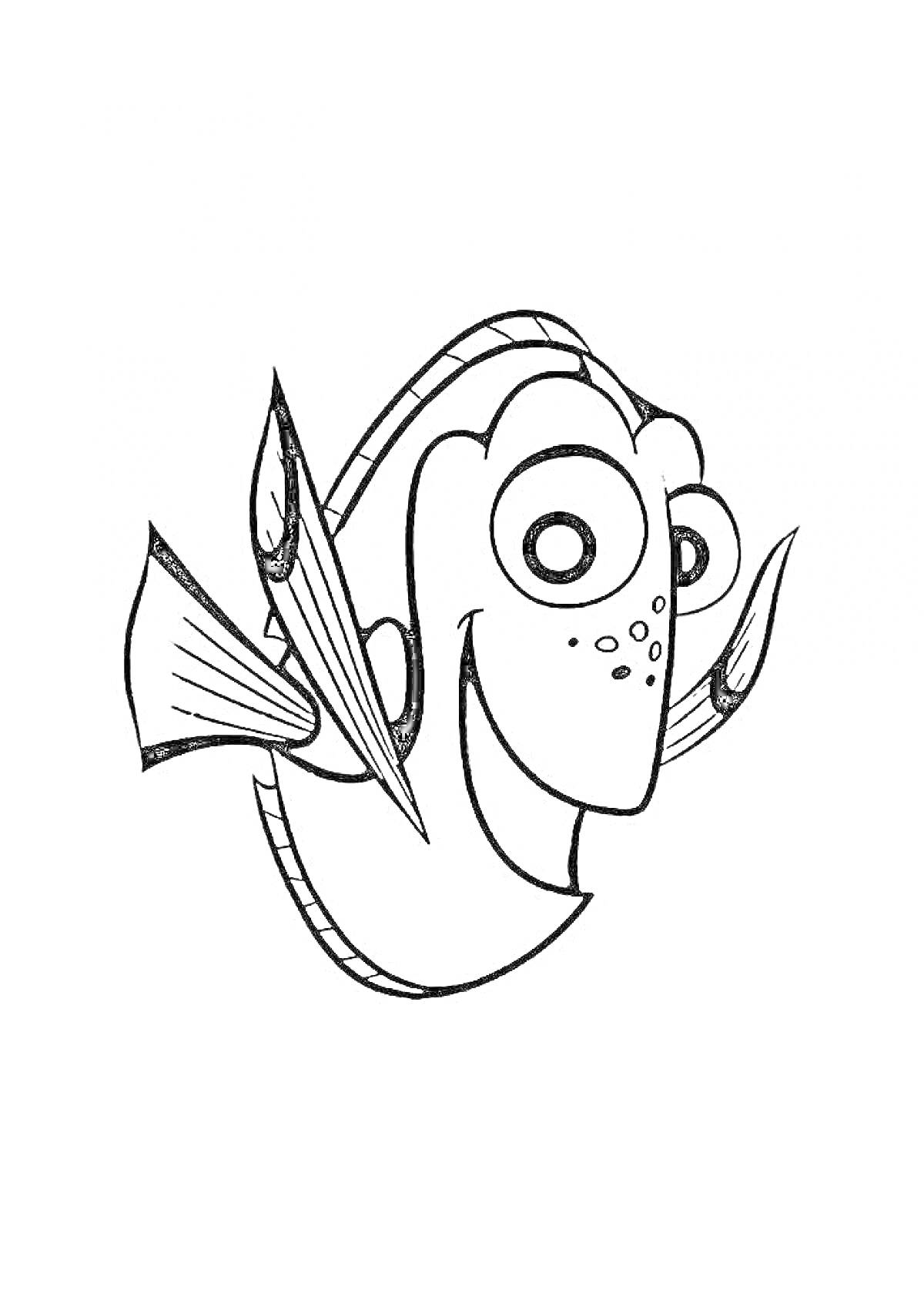 Раскраска Дори из мультфильма с плавниками в аквариуме