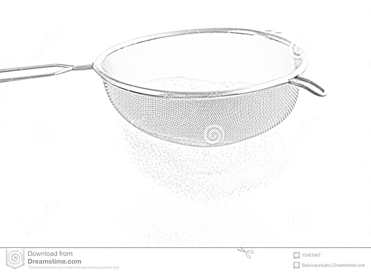 На раскраске изображено: Сито, Кухонный инструмент, Ручка, Металл, Кухня
