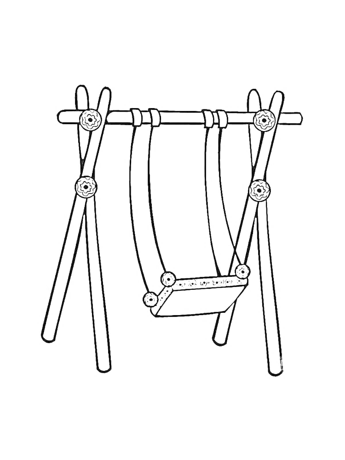 Раскраска Качели на деревянной раме с сиденьем на верёвках
