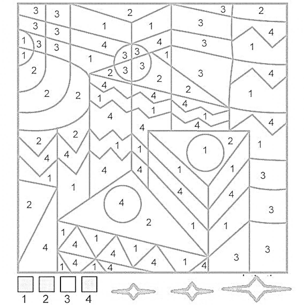 На раскраске изображено: По номерам, Геометрические фигуры, Круги, Треугольники, Для детей, По клеточкам, Узоры, Занятие для детей