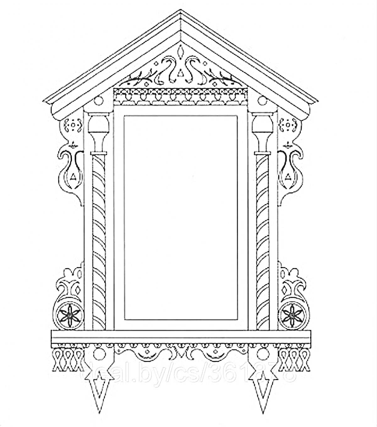 Раскраска Наличник с округлым верхом, архитектурным орнаментом, колоннами с узорами, звёздами в кругах и треугольным козырьком