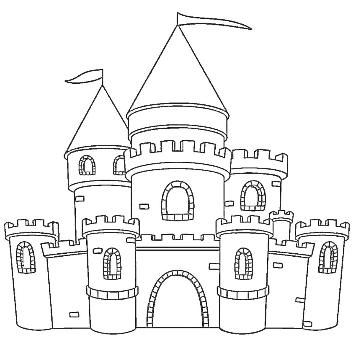 Раскраска Замок с башнями и флагами, окнами и центральными воротами