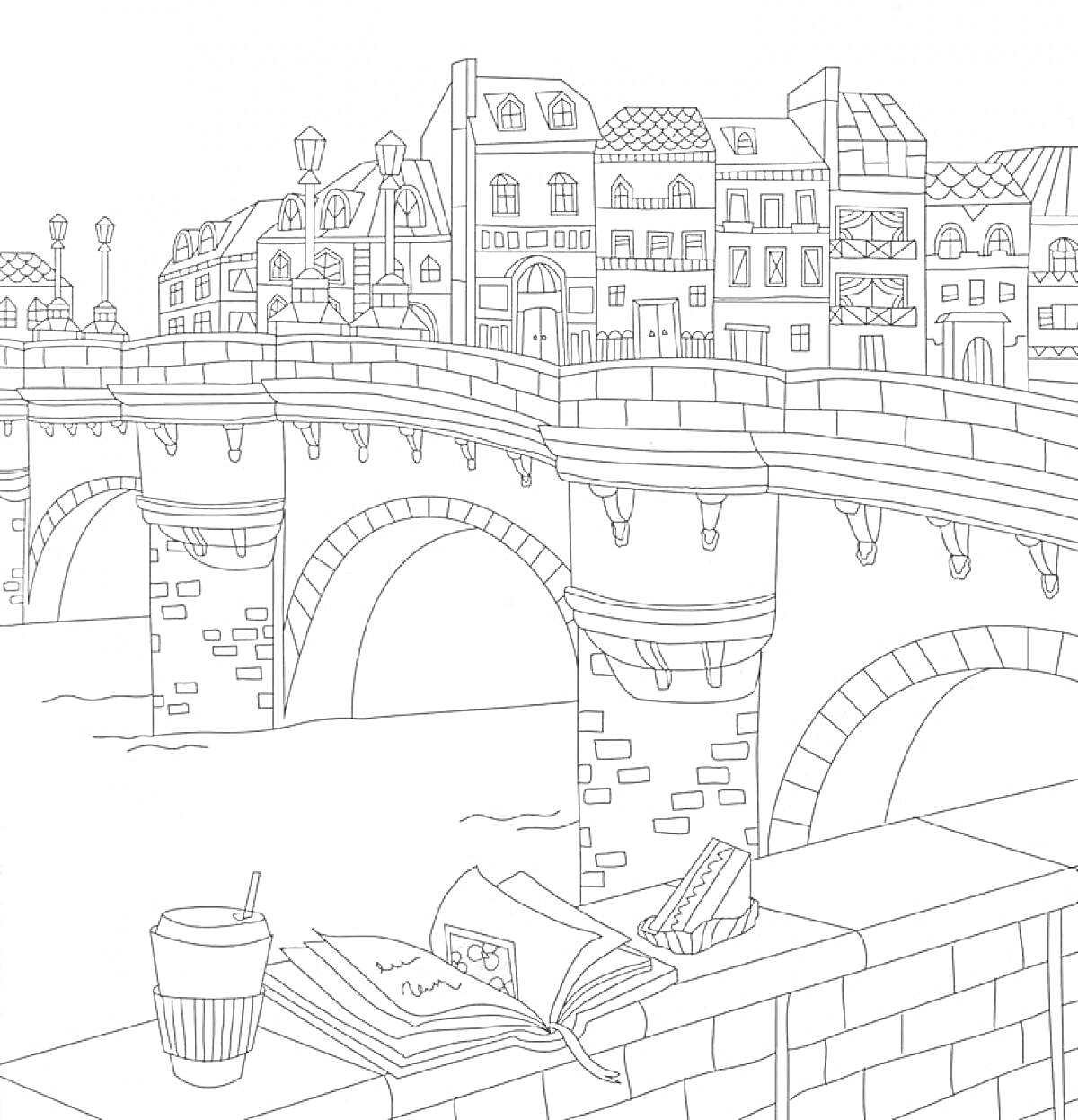 Раскраска Старый мост во Франции с книгой, кофе и сендвичем на парапете