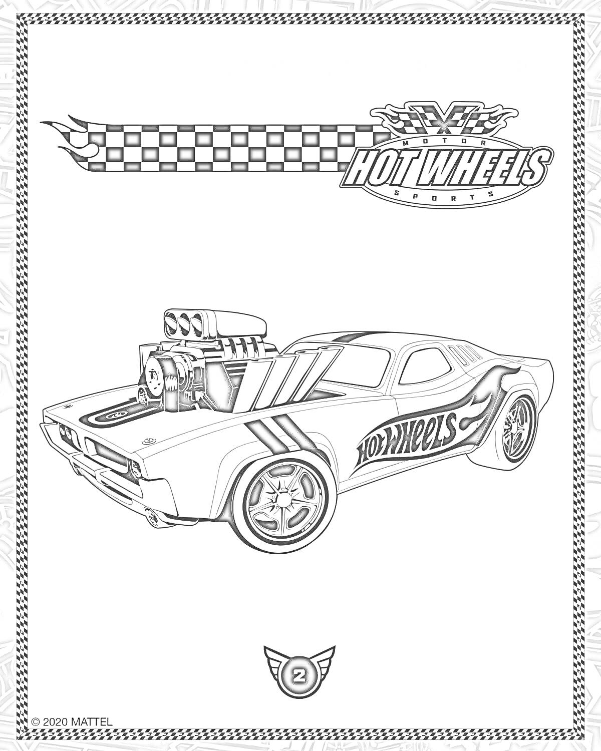 На раскраске изображено: Hot Wheels, Гоночный автомобиль, Гоночные полосы, Клетчатый флаг