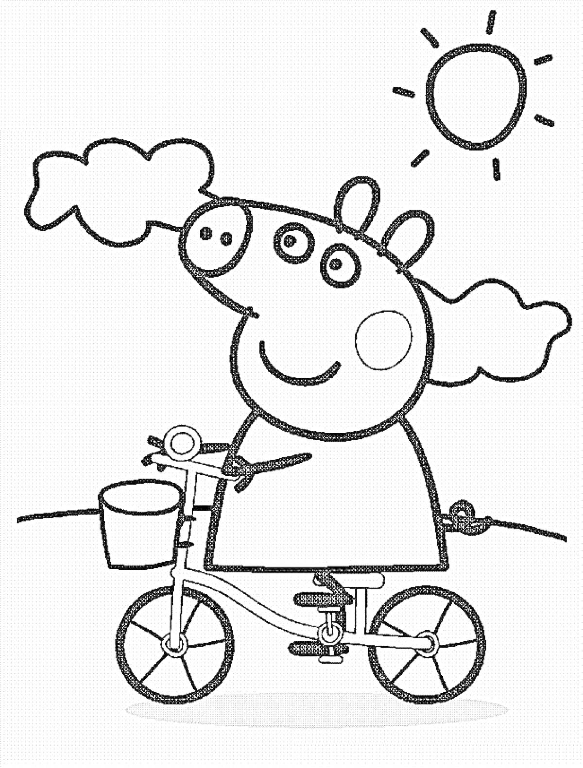 На раскраске изображено: Свинка Пеппа, Велосипед, Солнце, Облака, Из мультфильмов, Детский персонаж, Еда, Корзина