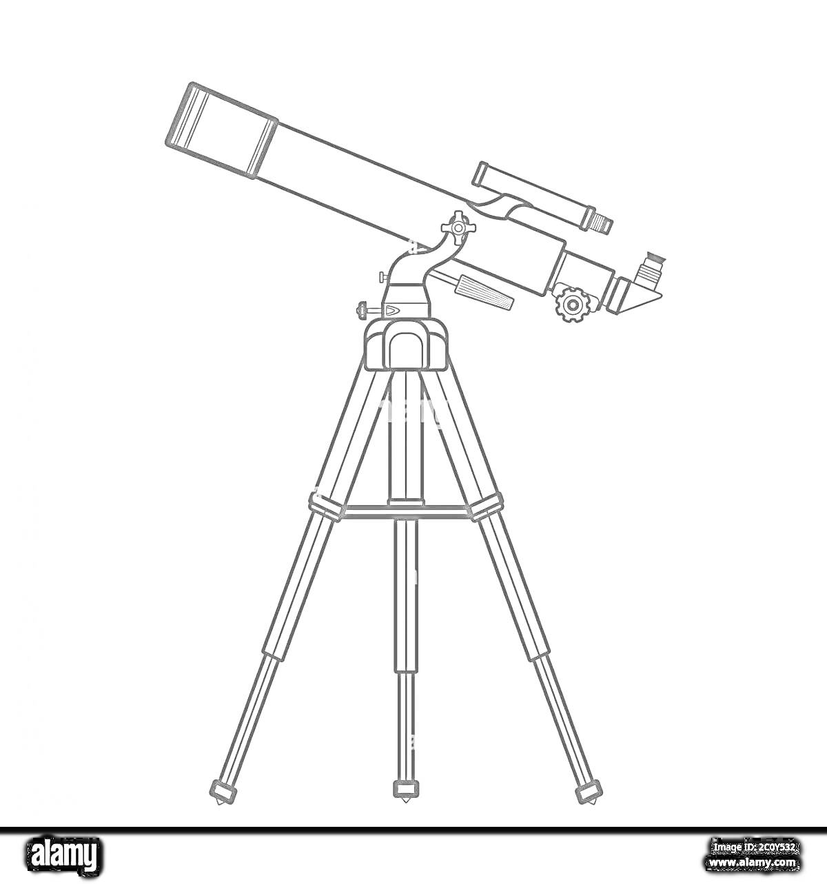 Раскраска Телескоп на штативе с прицелом, фокусировочным колесом, окуляром и трубкой