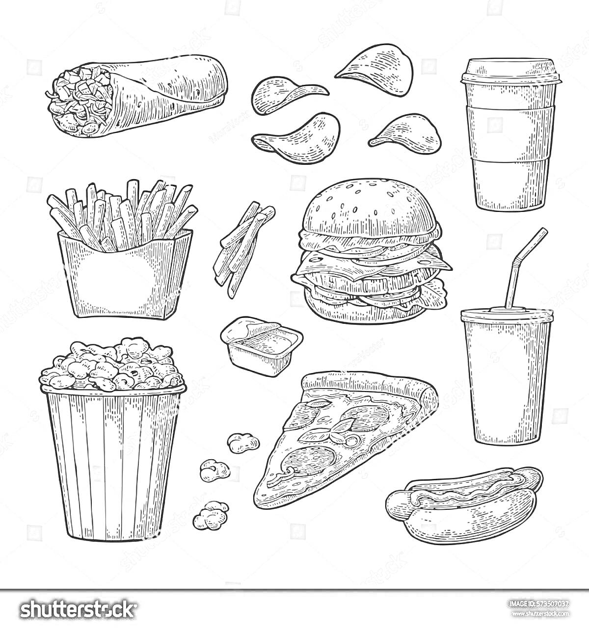 Раскраска Чипсы, кофе, буррито, жареная картошка, соус, бургер, сэндвич, попкорн, пицца, газировка, хот-дог.