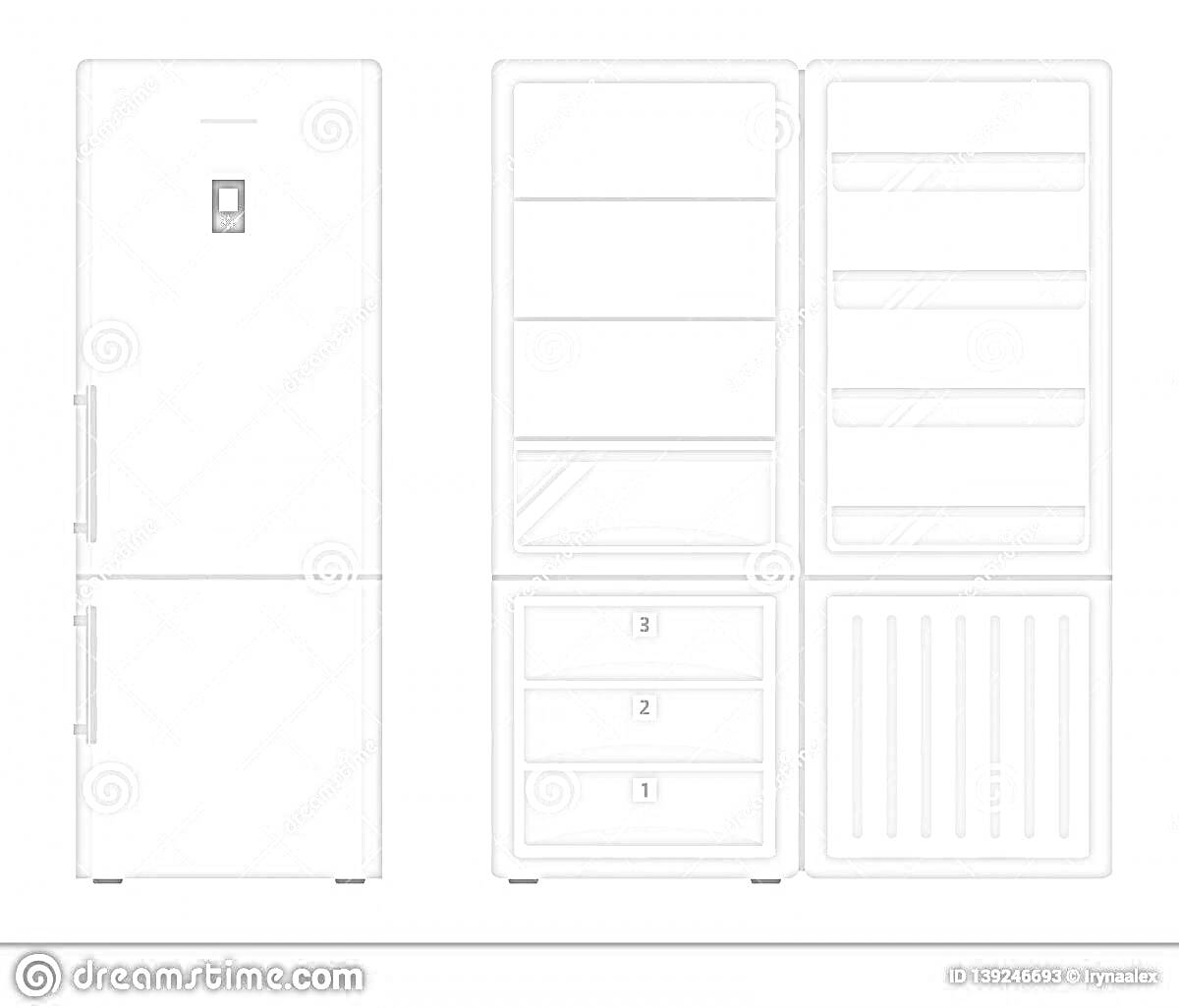Раскраска Пустой холодильник с открытыми дверцами и полками, включающий морозильную камеру и отделения для хранения