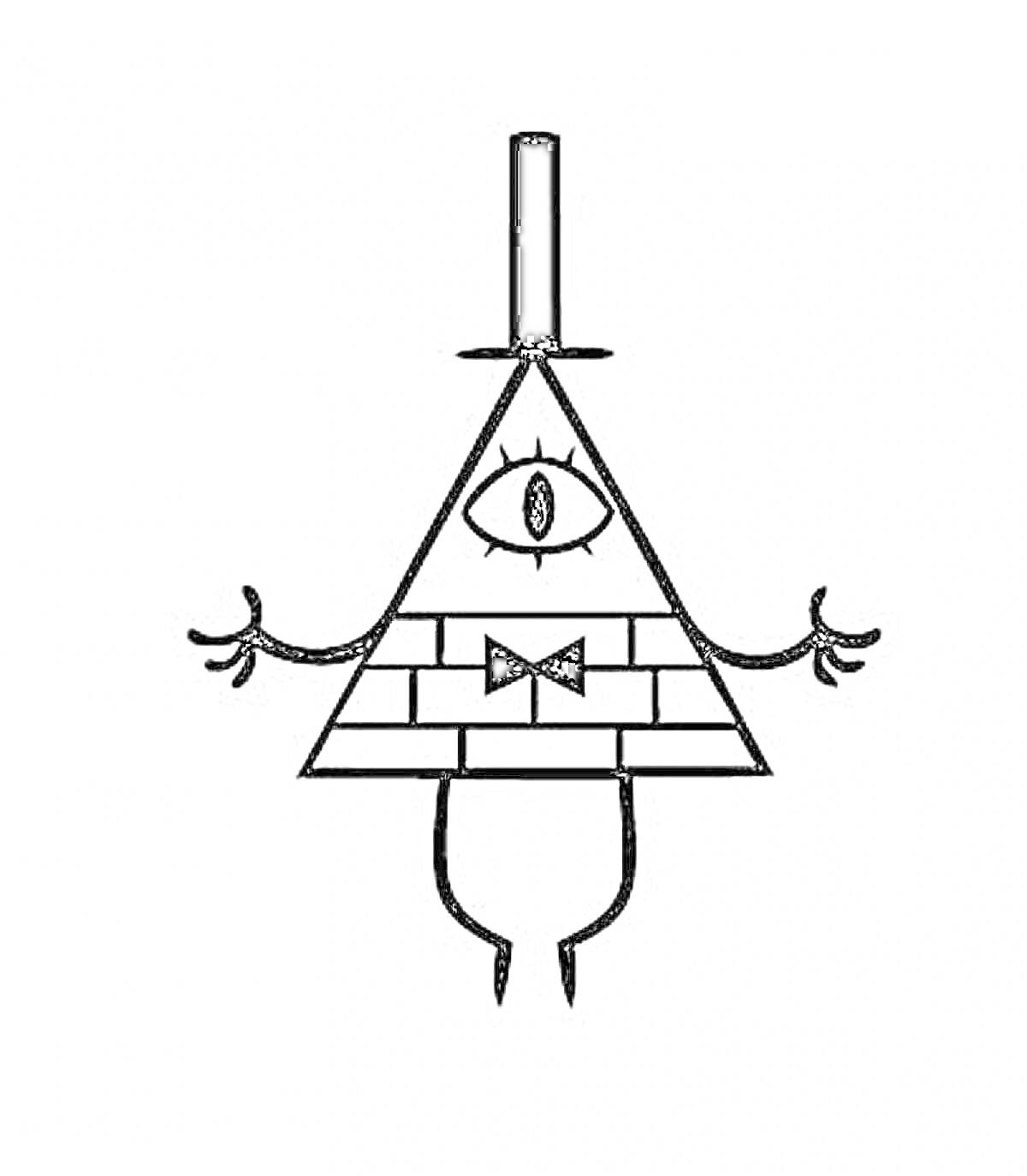 На раскраске изображено: Билл шифр, Пирамида, Один глаз, Цилиндр, Бабочка, Руки