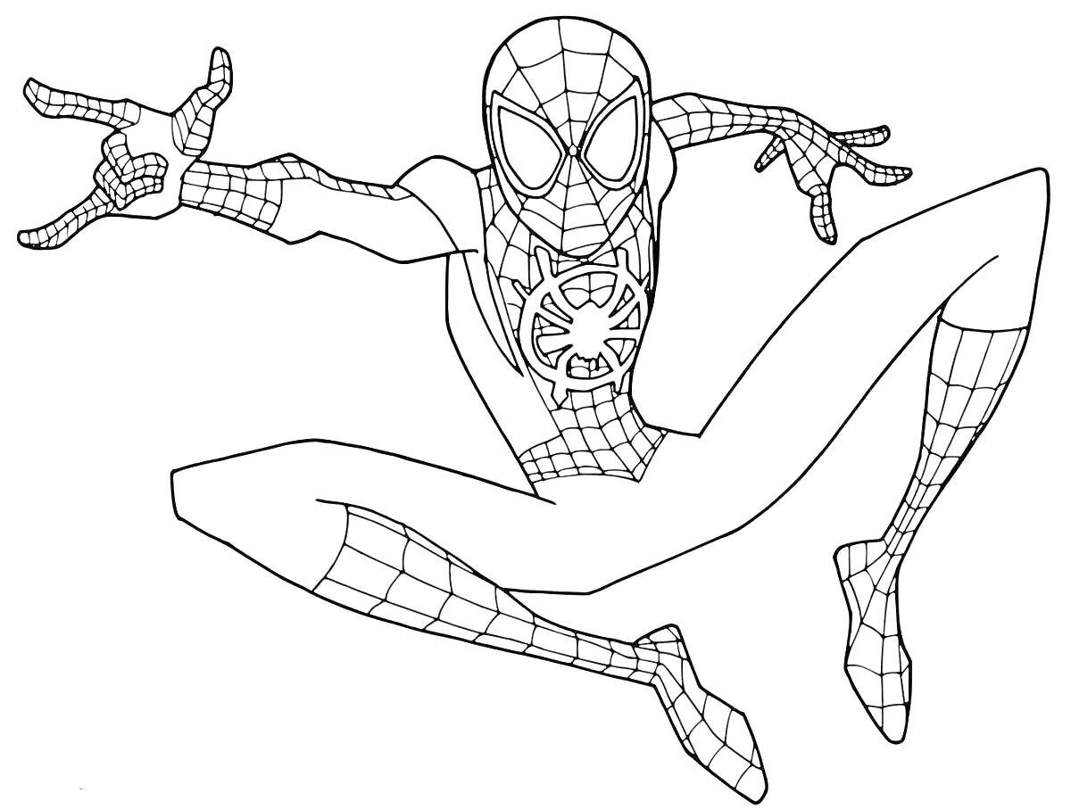 Раскраска Человек-паук в прыжке с вытянутой правой рукой