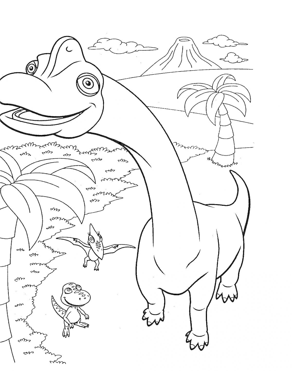 На раскраске изображено: Динозавр, Диплодок, Птеранодон, Детеныш динозавра, Вулкан, Пальмы, Природа