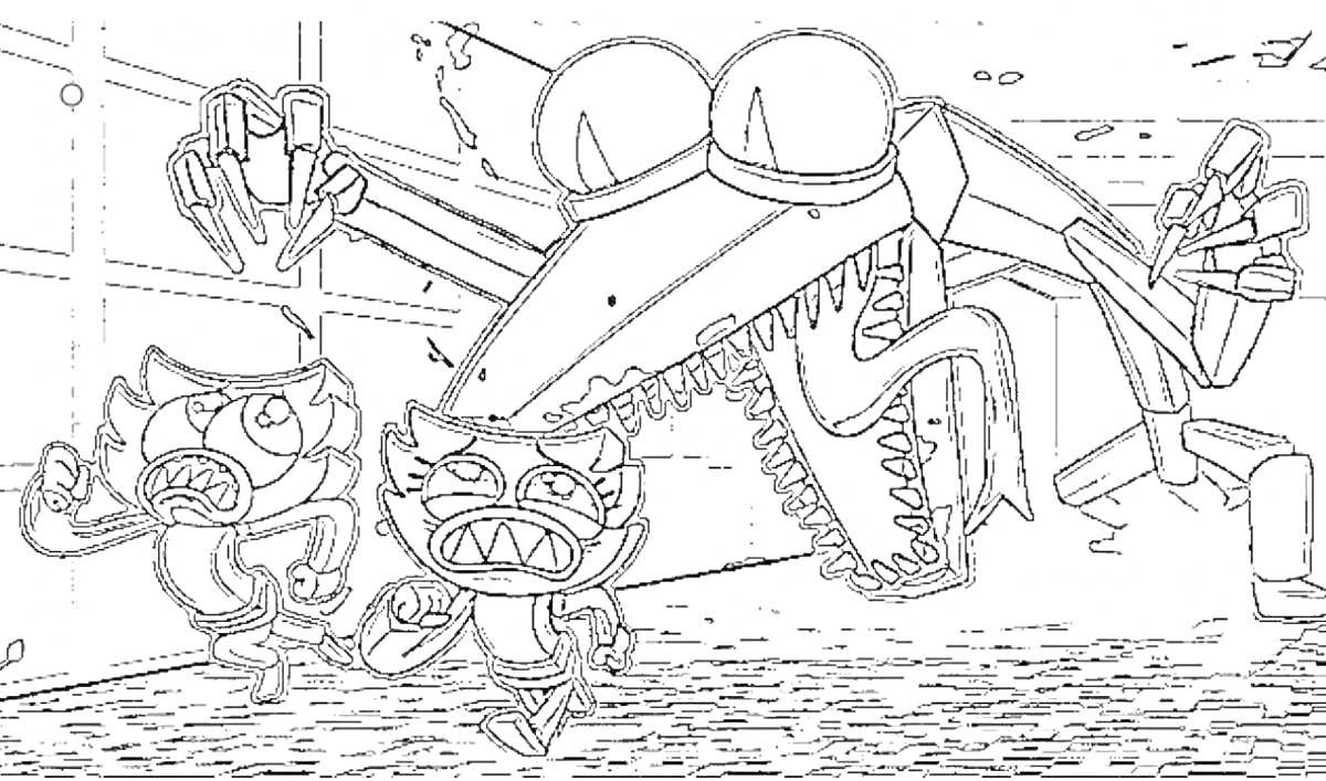 Раскраска Радужные Друзья Монстры Роблокс - Монстр с большими зубами и двумя убегающими персонажами