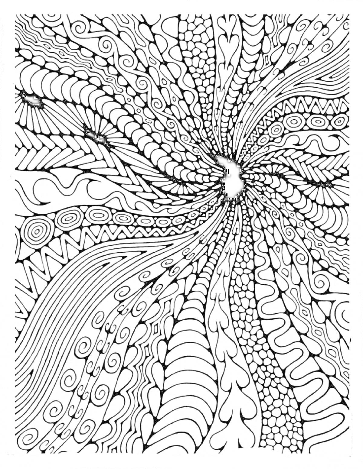 Раскраска Абстракция с закрученным центром, линии, узоры, завитки, кривые, спирали, сердечки