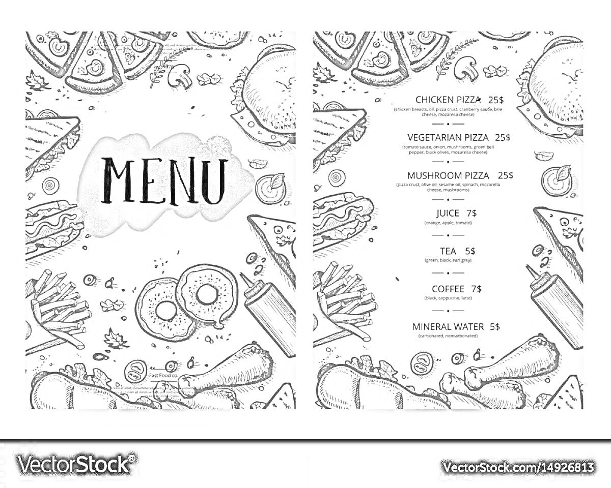 Меню ресторана с иллюстрациями ингредиентов и блюд, список блюд с ценами: куриная пицца, вегетарианская пицца, грибная пицца, сок, чай, кофе, минеральная вода
