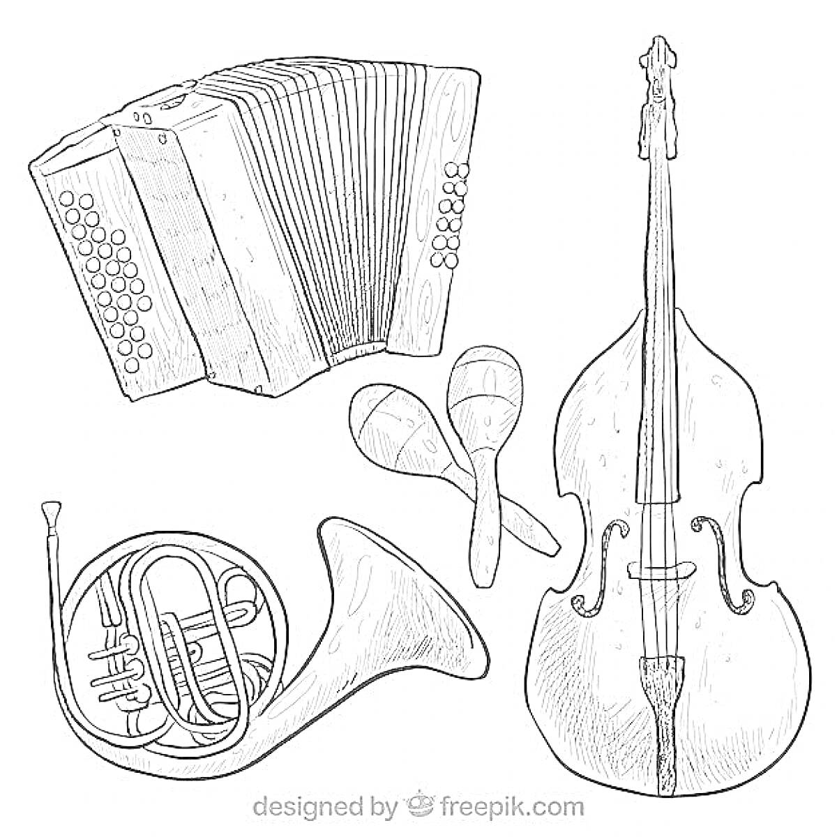 На раскраске изображено: Русские народные инструменты, Аккордеон, Контрабас, Валторна, Маракасы, Музыка