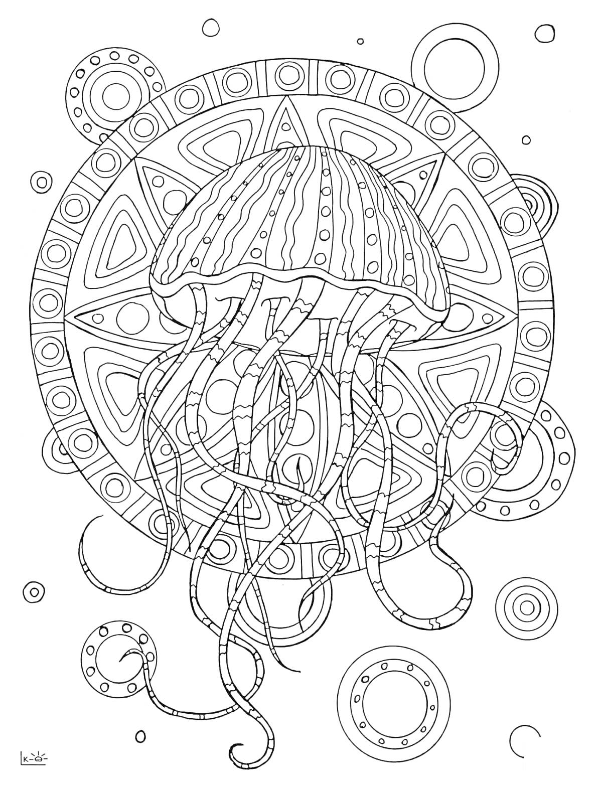 Раскраска Медуза на фоне круговых узоров