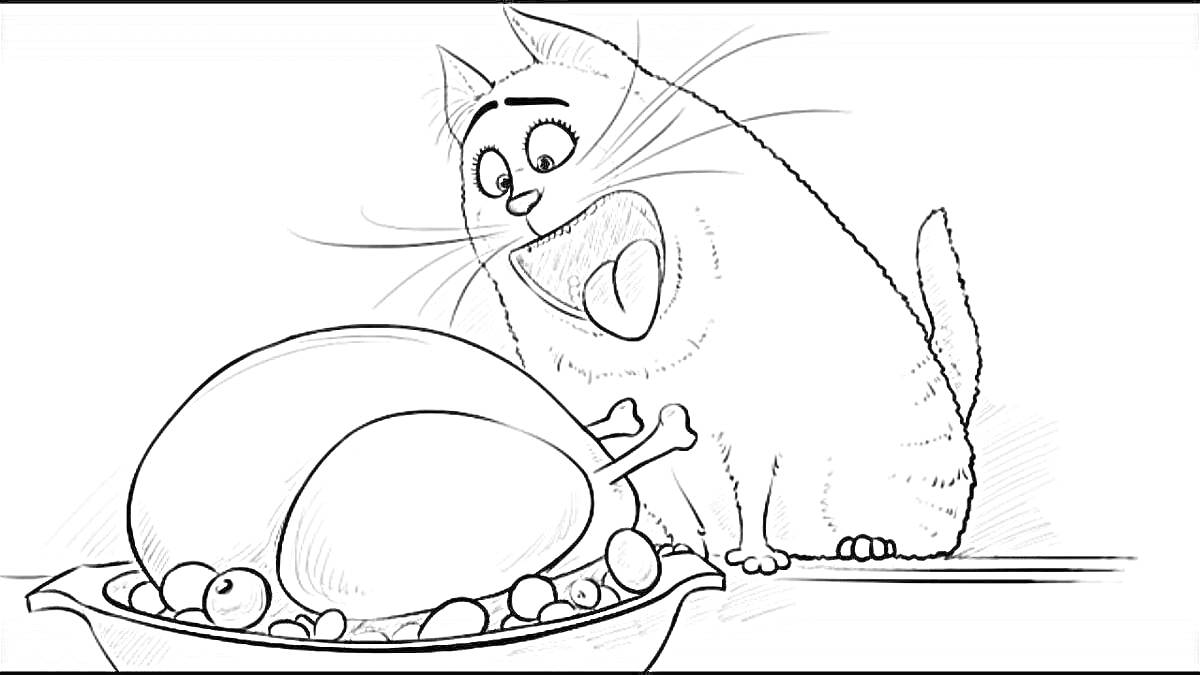Раскраска Кот рядом с запеченной индейкой на тарелке