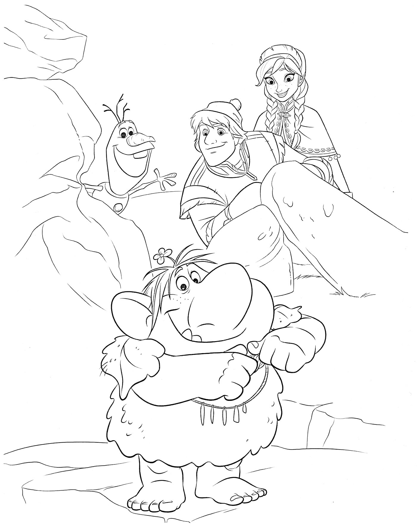 Раскраска Холодное сердце – тролль, снеговик, девочка и мальчик на фоне скал