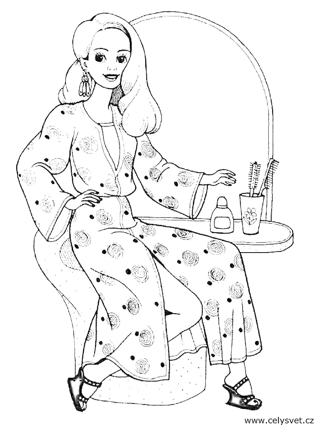 Раскраска Девочка-модельер в цветочном наряде у туалетного столика с зеркалом, духами и кистями для макияжа
