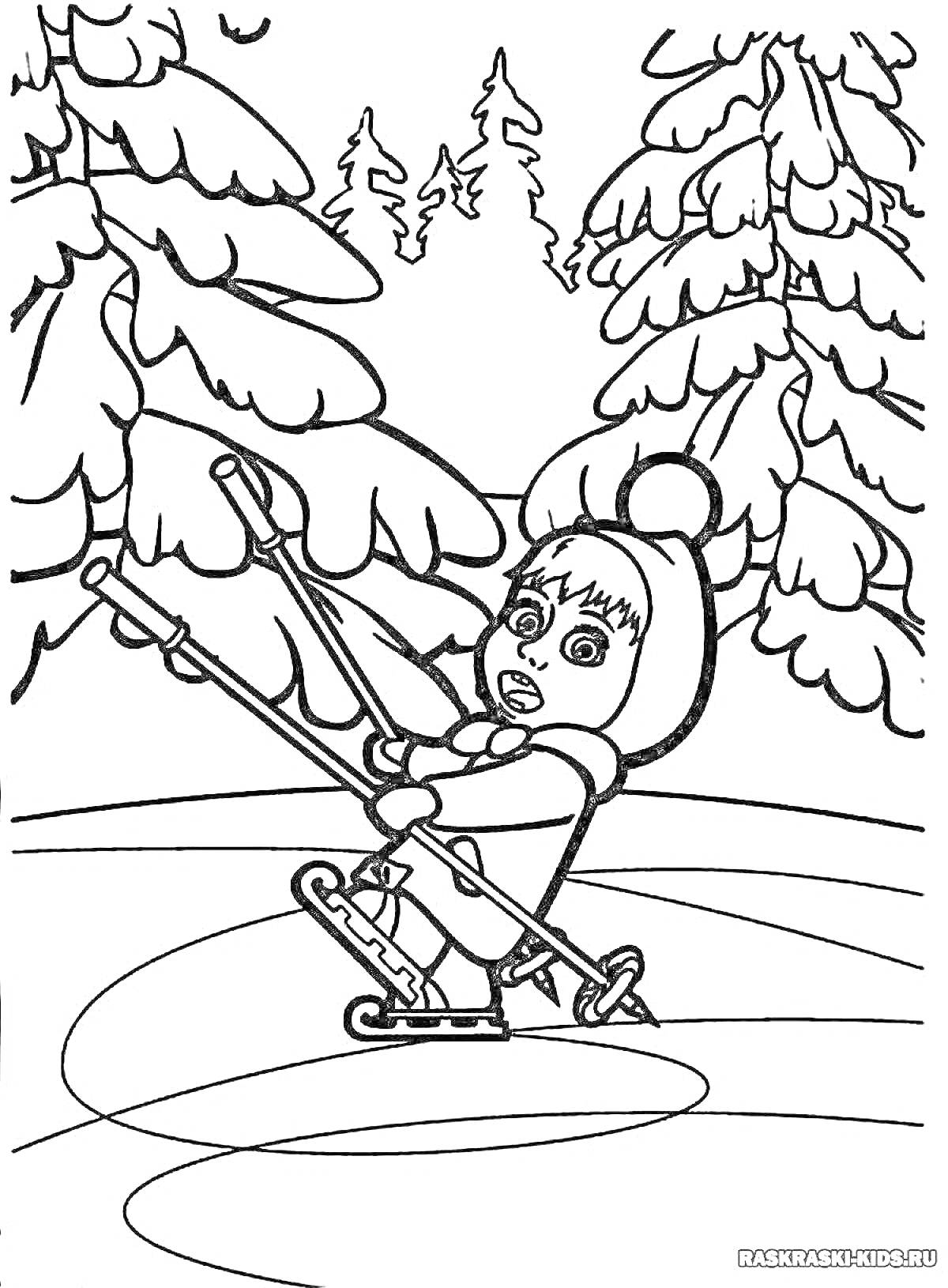 На раскраске изображено: Ребёнок, Лыжи, Снег, Лес, Деревья, Шапка, Зима