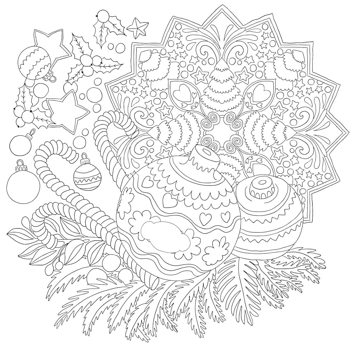 Раскраска Чайник с узором и новогодними шарами на фоне мандалы