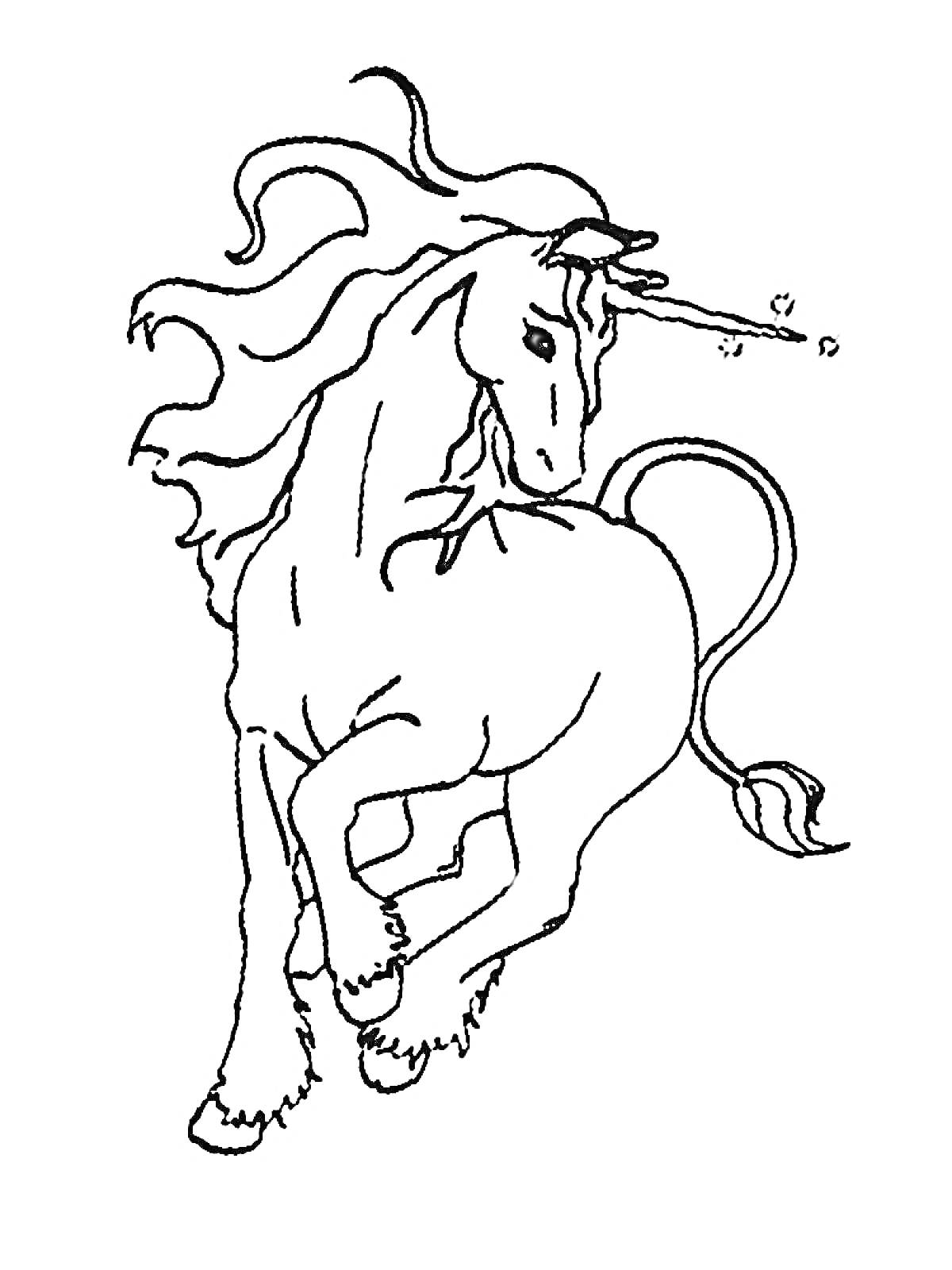 Раскраска Единорог с развевающейся гривой и звездной магией