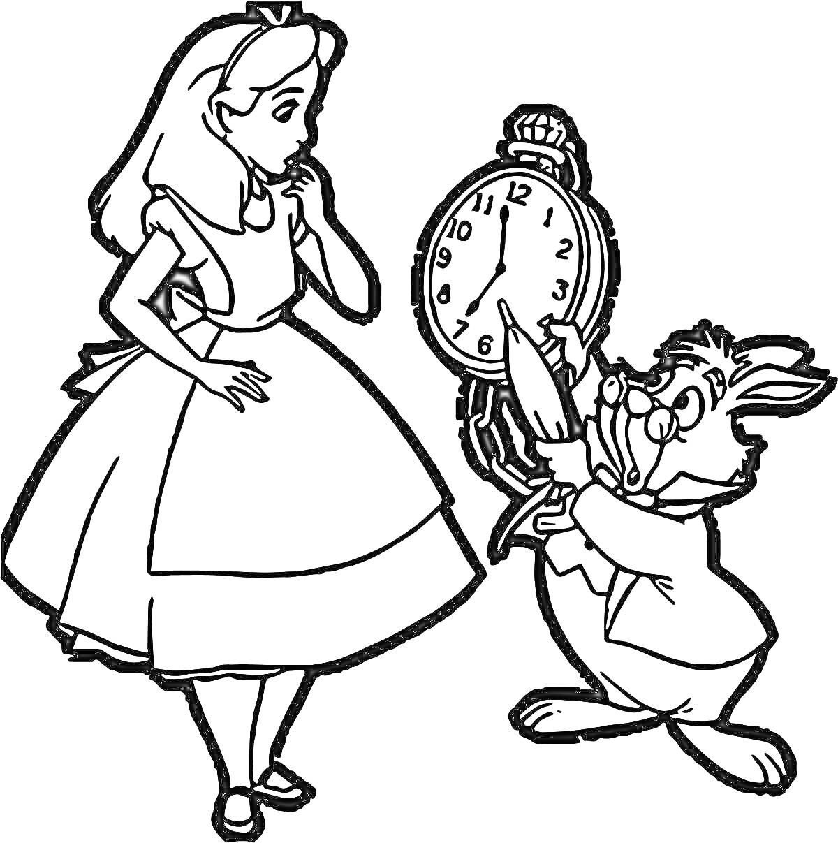 На раскраске изображено: Алиса, Кролик, Часы, Платье, Из мультфильмов, Из сказок, Для детей