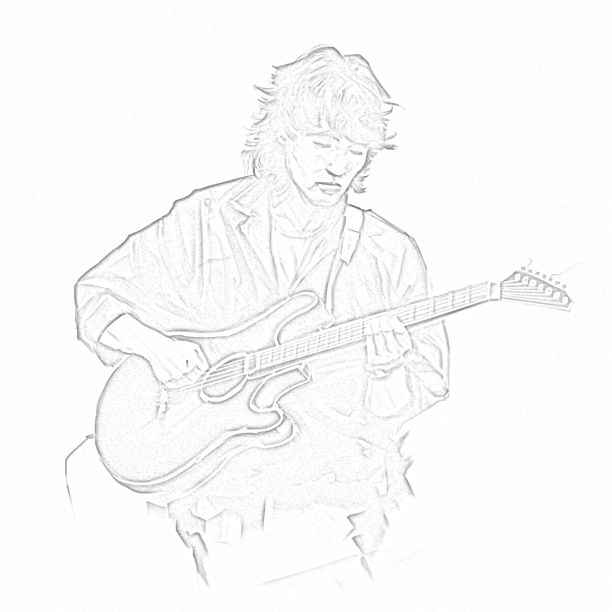 Раскраска Меланхоличный музыкант с гитарой в кожаной куртке