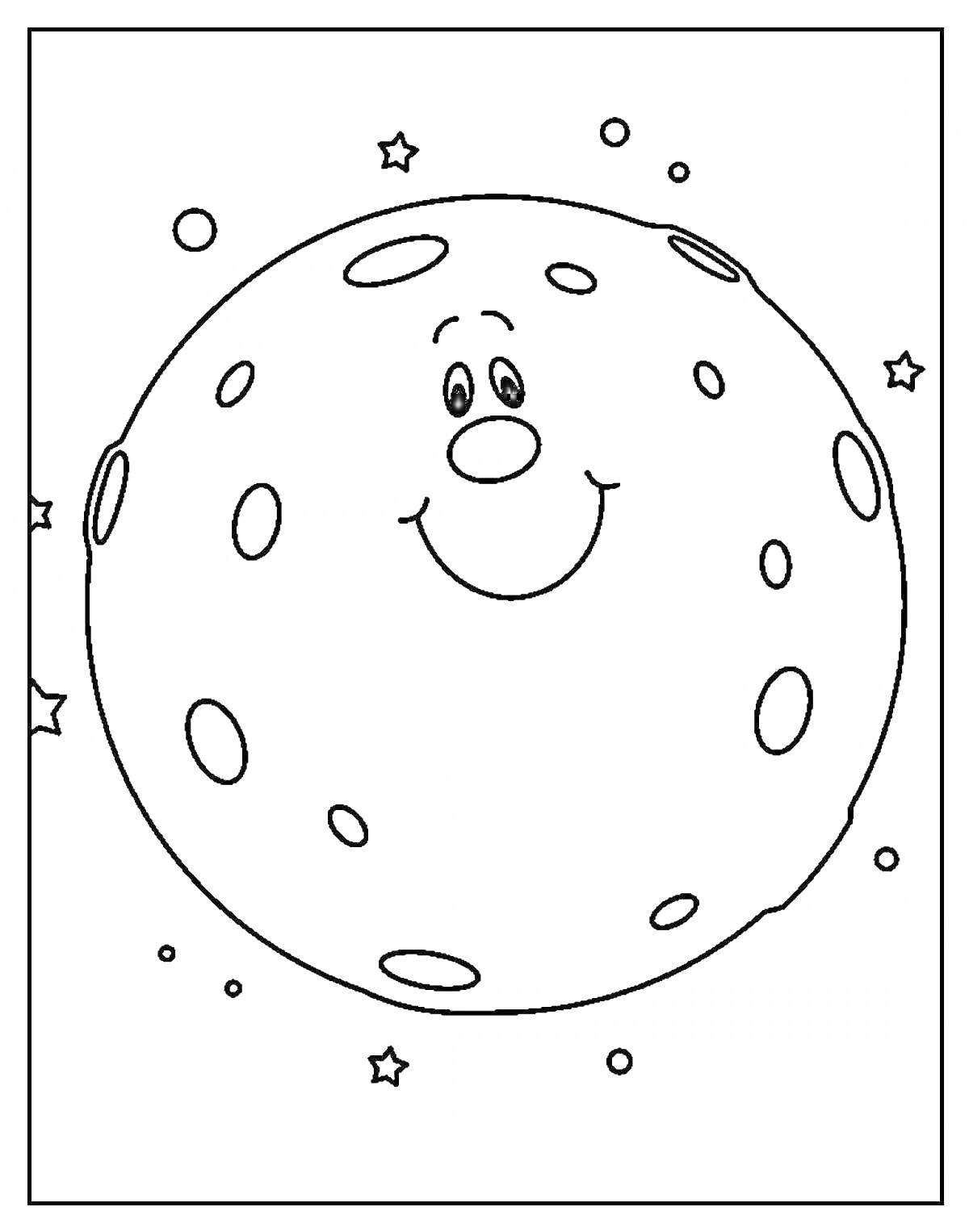 Раскраска улыбающаяся Луна с кратерами и звёздами на фоне