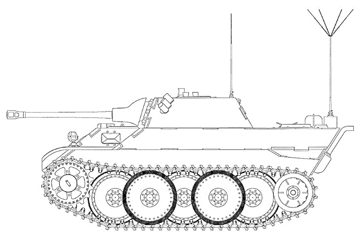 Раскраска Раскраска с изображением танка с гусеничным ходом, башней и орудием