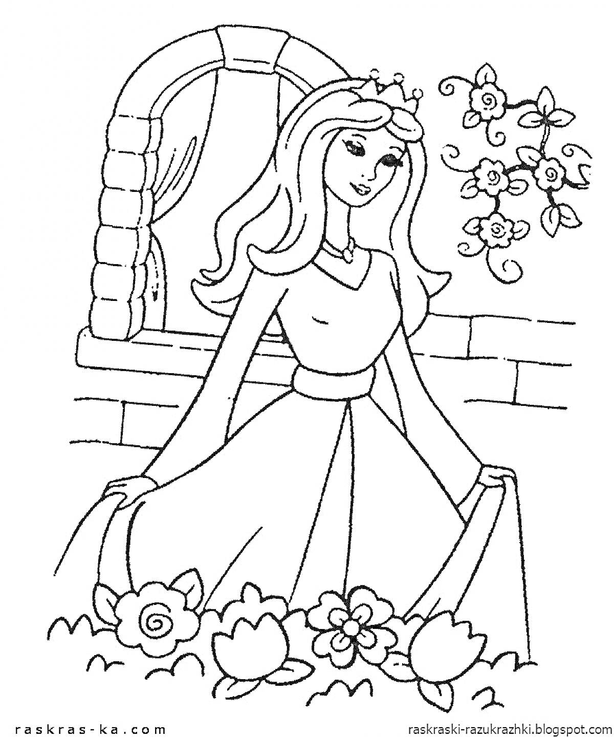 Раскраска Принцесса у окна с цветами