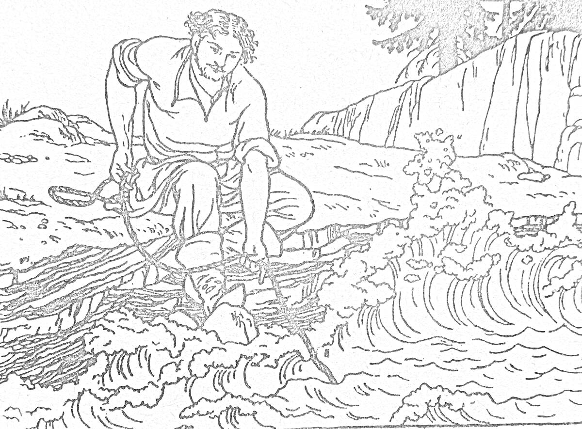На раскраске изображено: Балда, Река, Рыбалка, Веревка, Вода, Природа, Деревья, Камни, Волны