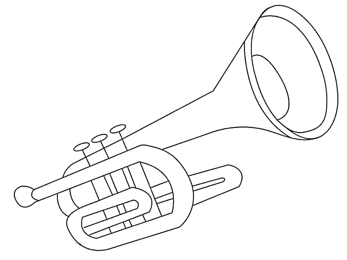 На раскраске изображено: Труба, Музыкальный инструмент, Музыка, Духовой инструмент, Линии, Контурные рисунки