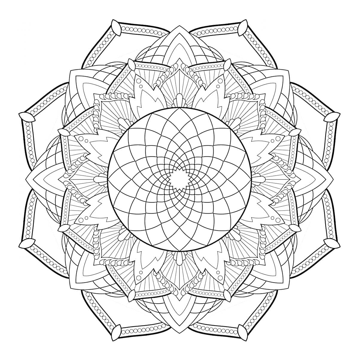 Раскраска Мандала успеха с круговыми узорами, стрелами, лепестками и узорными треугольниками