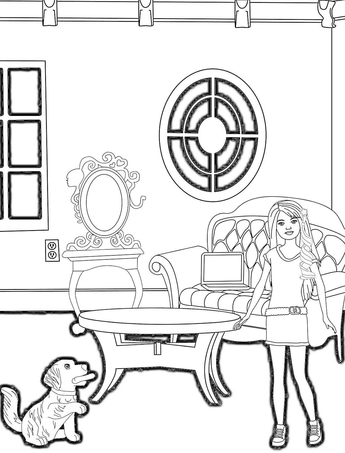 Раскраска Барби в гостиной со столом, креслом, ноутбуком, зеркалом, окном, собакой