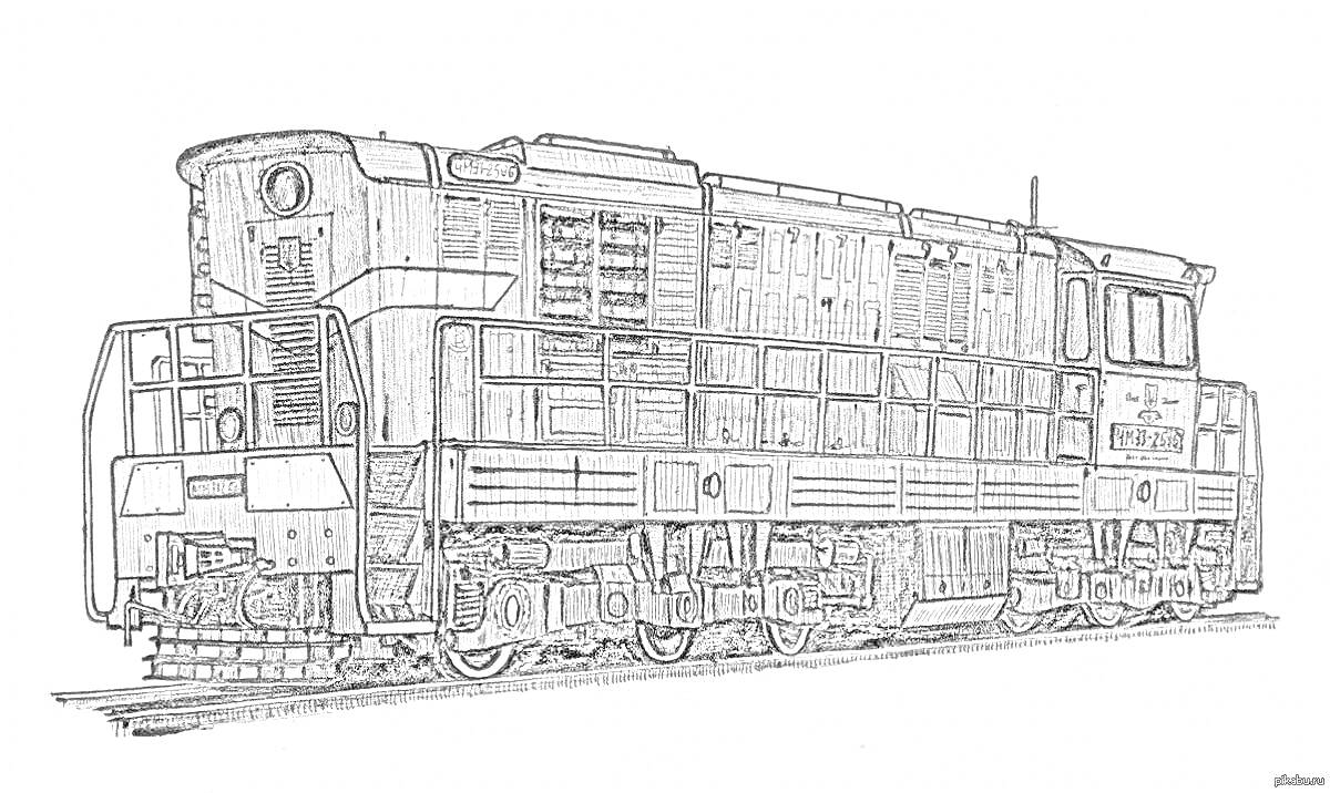 Раскраска Тепловоз на железнодорожных путях с деталями корпуса, окнами, решетками, колесами и поручнями