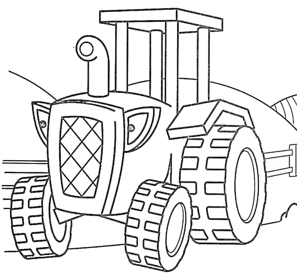 На раскраске изображено: Трактор, Для детей, Большие колеса, Труба, Холмы, Транспорт, Сельское хозяйство, Дети 3-4 года
