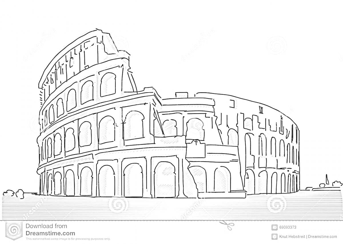 Раскраска Раскраска Колизей в Риме с изображением арок и этажей
