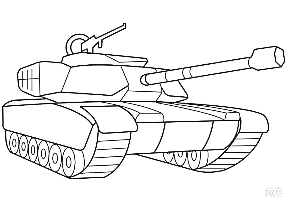 На раскраске изображено: Танк, Военная техника, Гусеницы, Орудие, 3-4 года, Оружие