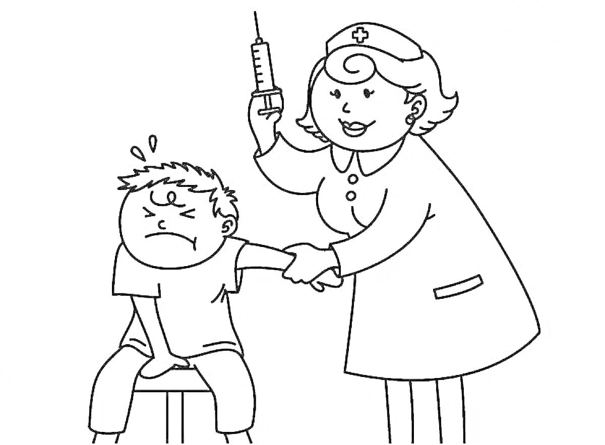 На раскраске изображено: Укол, Медсестра, Мальчик, Вакцинация, Больница, Здоровье