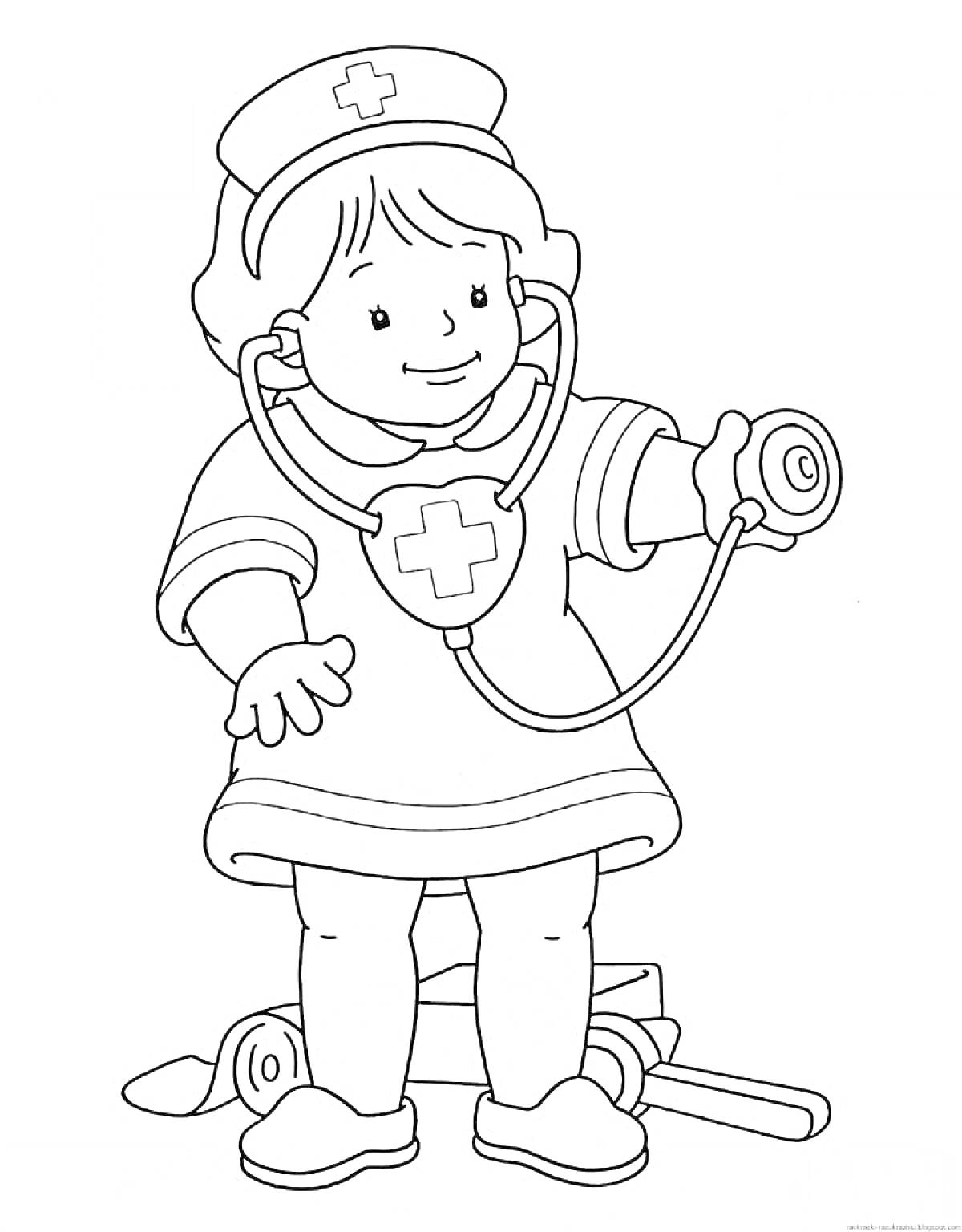 Раскраска Ребенок с медицинским капюшоном, стетоскопом и аптечкой