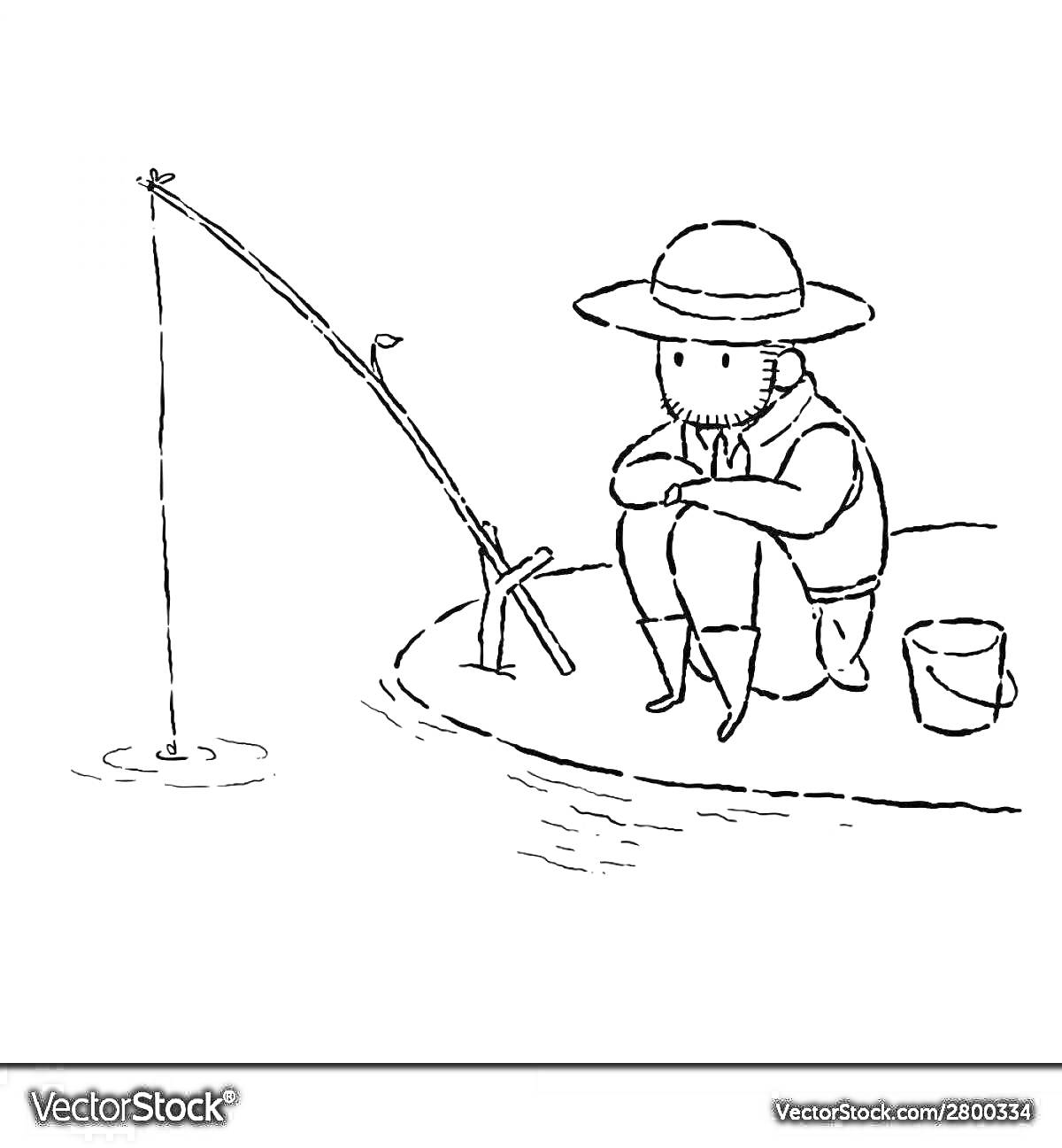 На раскраске изображено: Рыболов, Удочка, Вода, Рыбная ловля, Шляпа, Сидящий человек, Берег, Лето