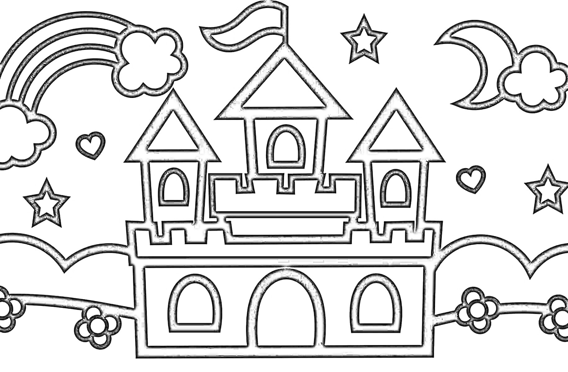 На раскраске изображено: Замок, Звезды, Облака, Полумесяц, Цветы, Башни, Для детей, Радуги, Сердца