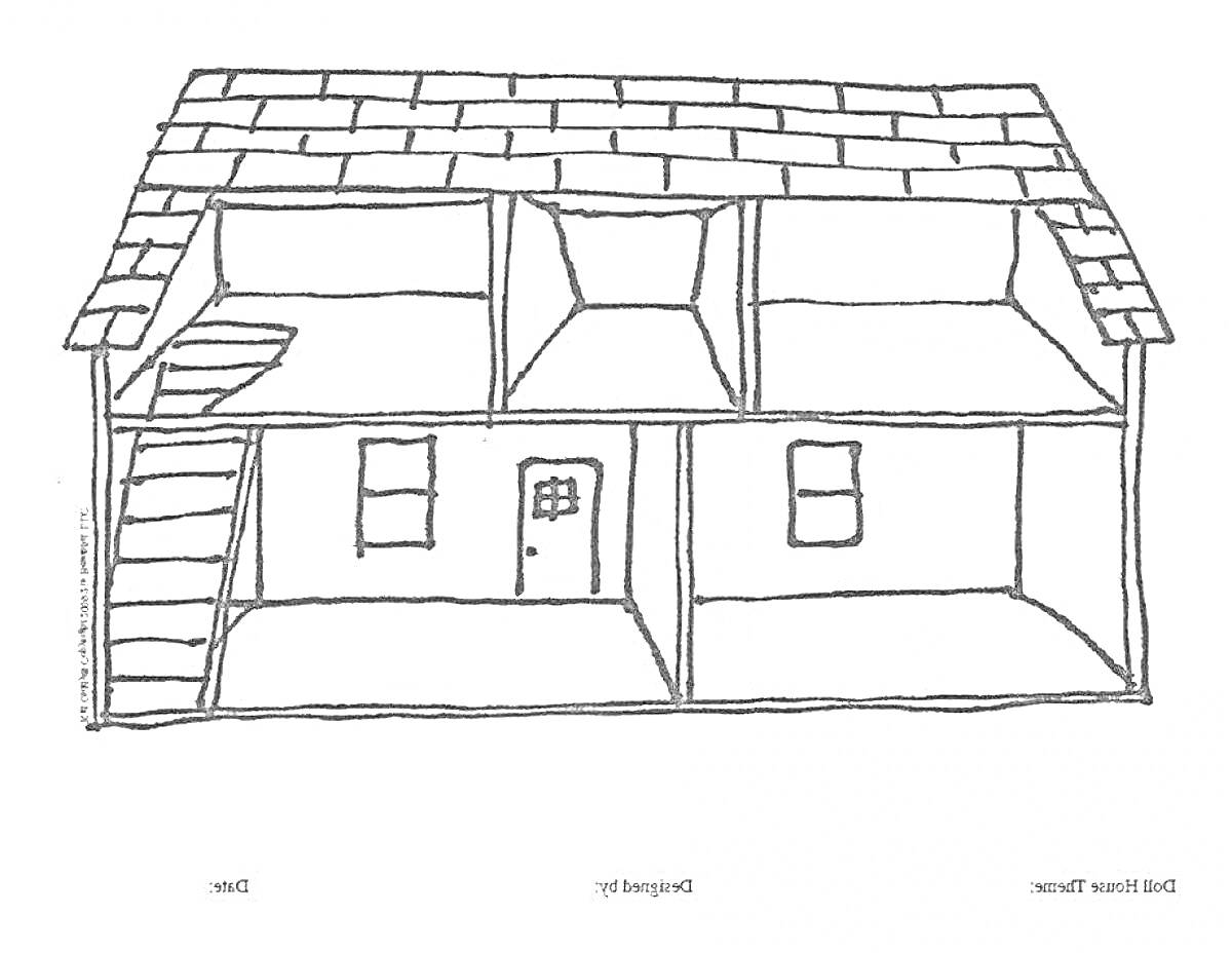 Раскраска Дом с внутренней планировкой: лестница, дверь, два окна, крыша и комнаты