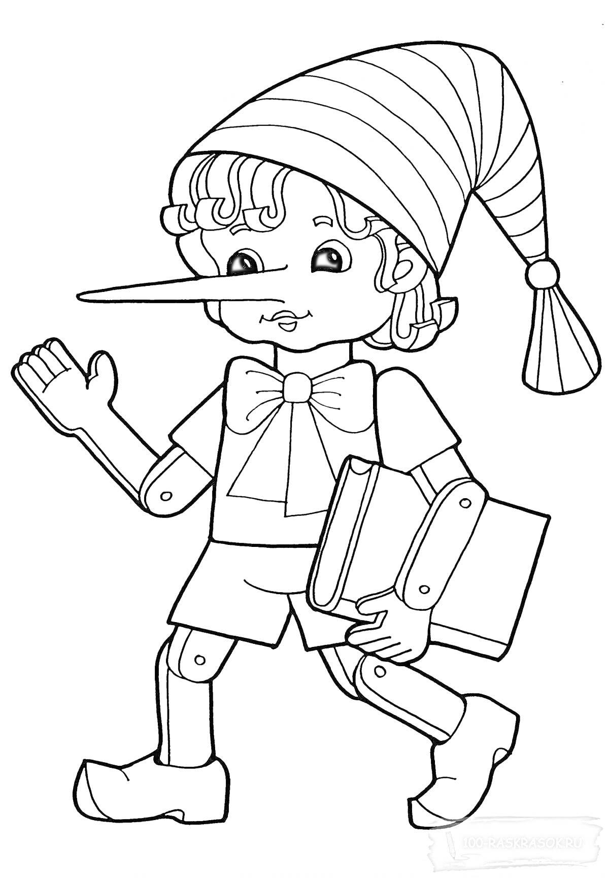Раскраска Буратино с книгой в руках, в шляпе с кисточкой, с длинным носом, в коротких шортах и с бантом на шее