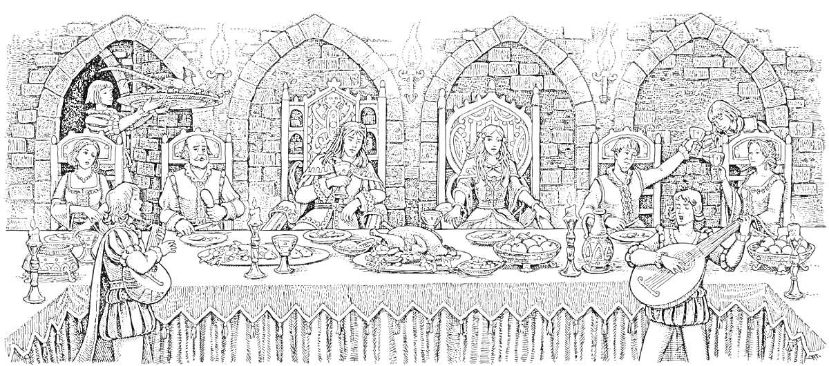 На раскраске изображено: Пир, Средневековье, Замок, Король, Рыцари, Блюдо, Арка