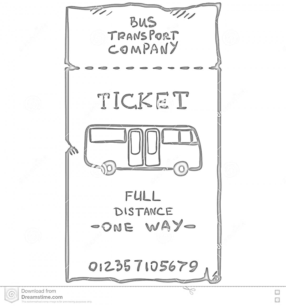 Раскраска Билет автобусного транспорта, включающий название компании, изображение автобуса, расстояние (ЗАМЕНИТЬ НА), номер билета