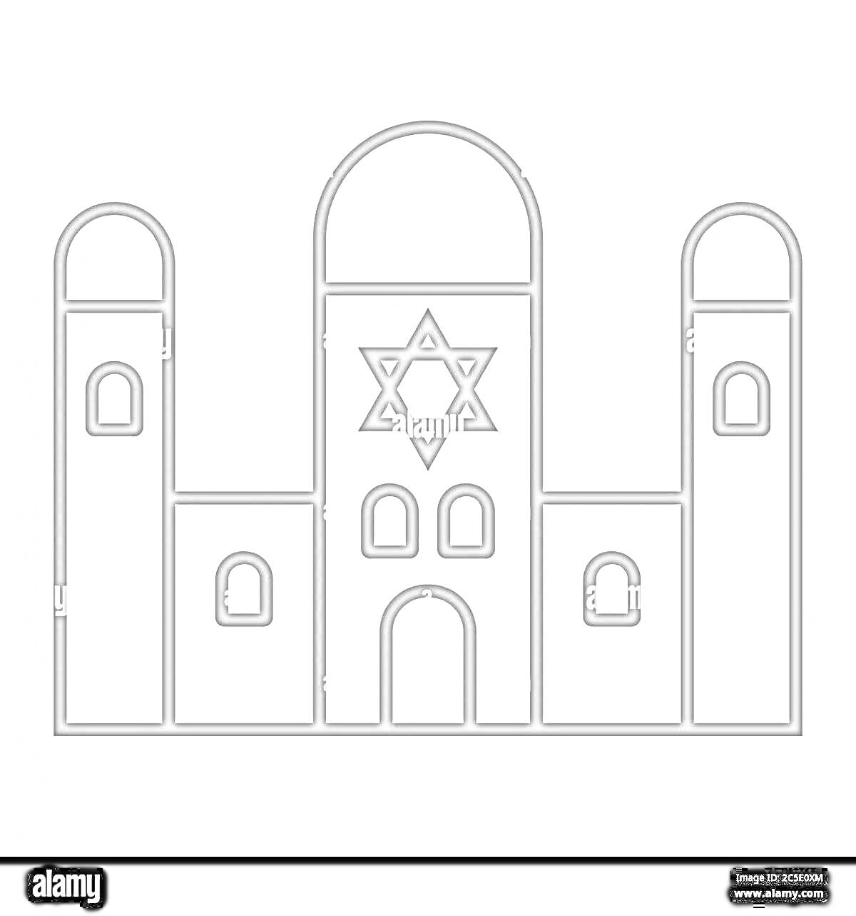 Раскраска Иллюстрация синагоги с двумя башнями, центральным куполом и окном в форме звезды Давида в центре