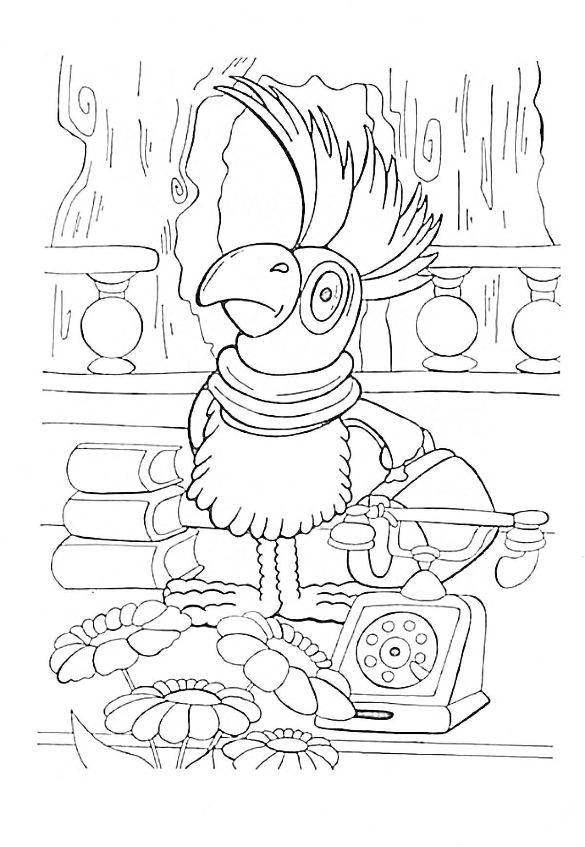 Раскраска Попугай в кабинете Доктора Айболита/Папа Гусь(попугай в очках стоит на столе, рядом телефон, книги, цветы)